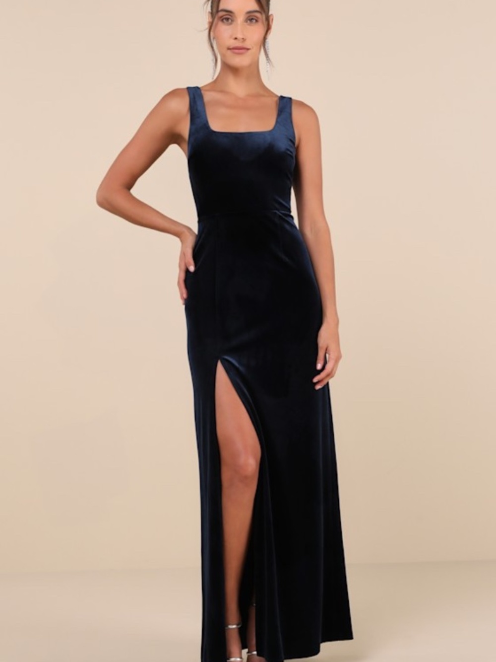Lulus Elegant Sweetie Dark Navy Velvet Square Neck Maxi Dress Blue - Size M